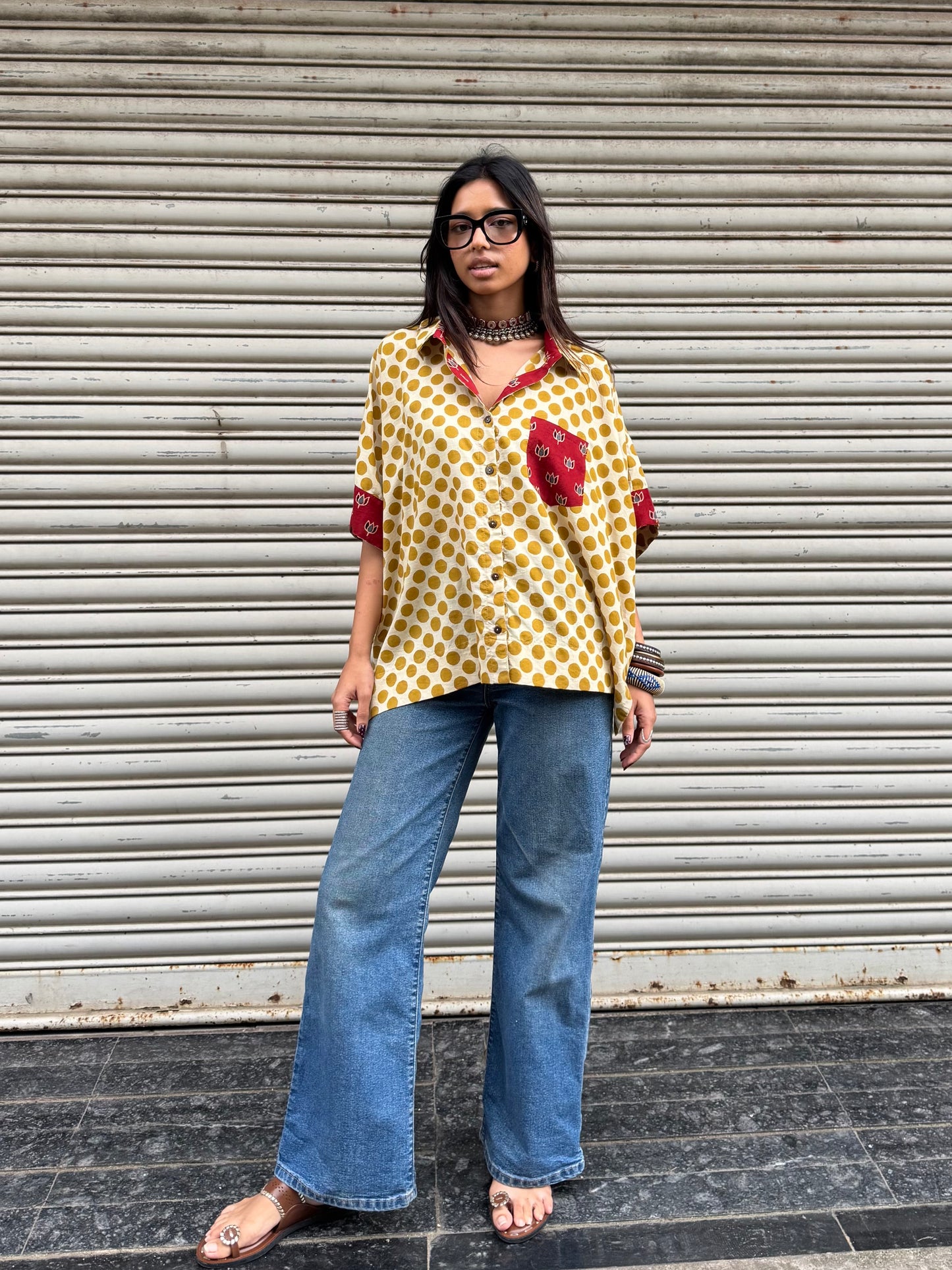 Mustard Polka Cotton Shirt (READY TO DISPATCH)
