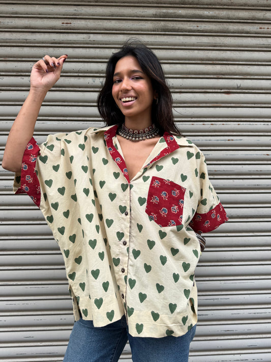 Olive Heart Cotton Shirt (READY TO DISPATCH)
