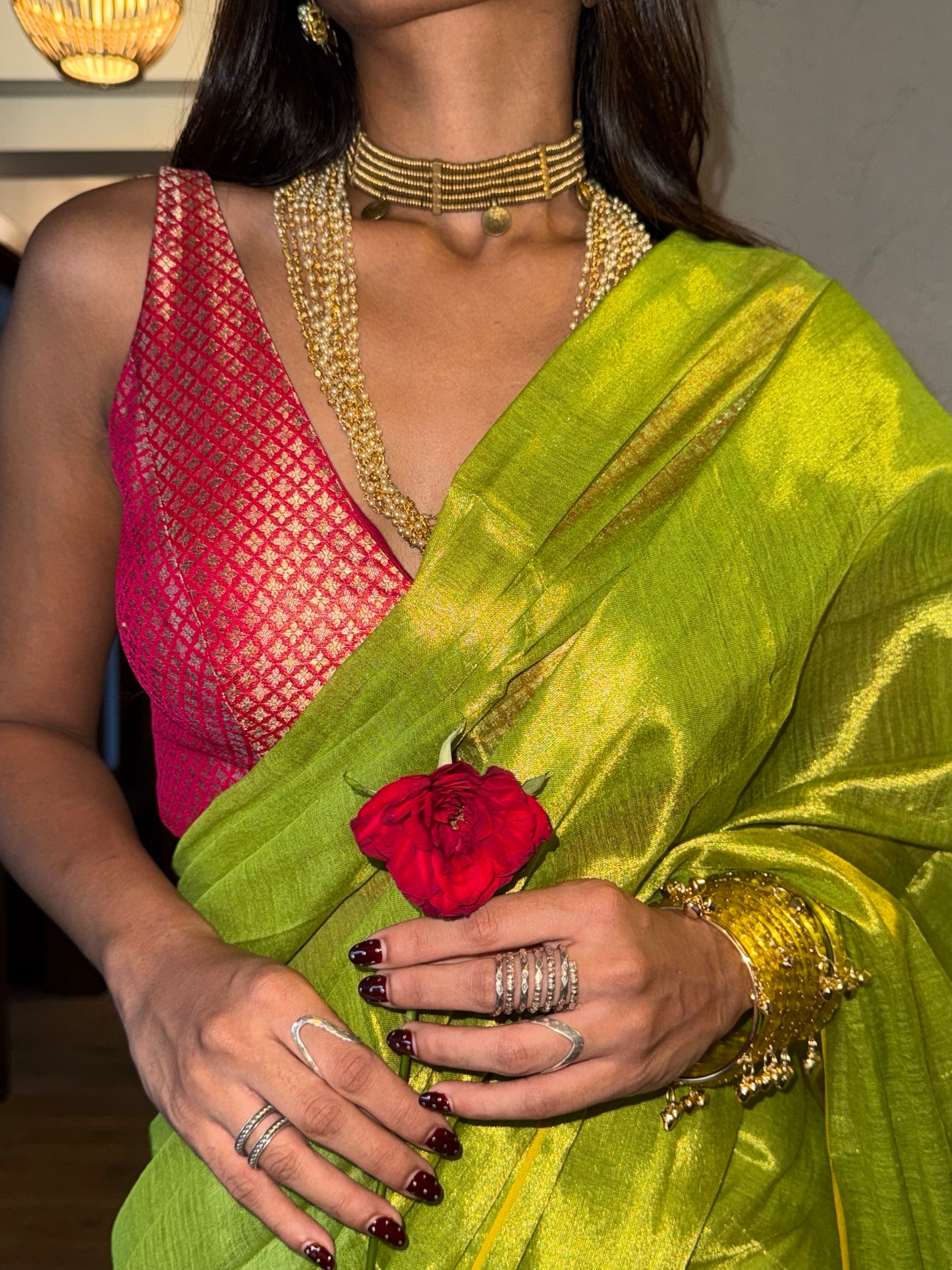 Lemon Green Tissue Silk Saree