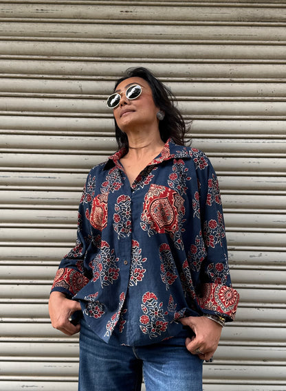 Steel Ajrakh Cotton Shirt