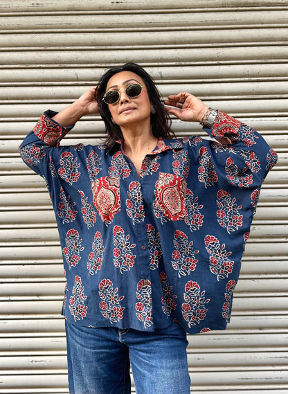 Steel Ajrakh Cotton Shirt
