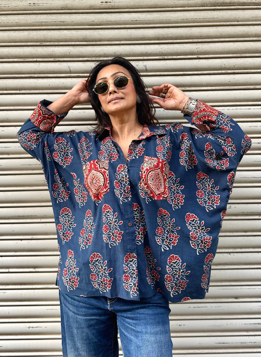 Steel Ajrakh Cotton Shirt