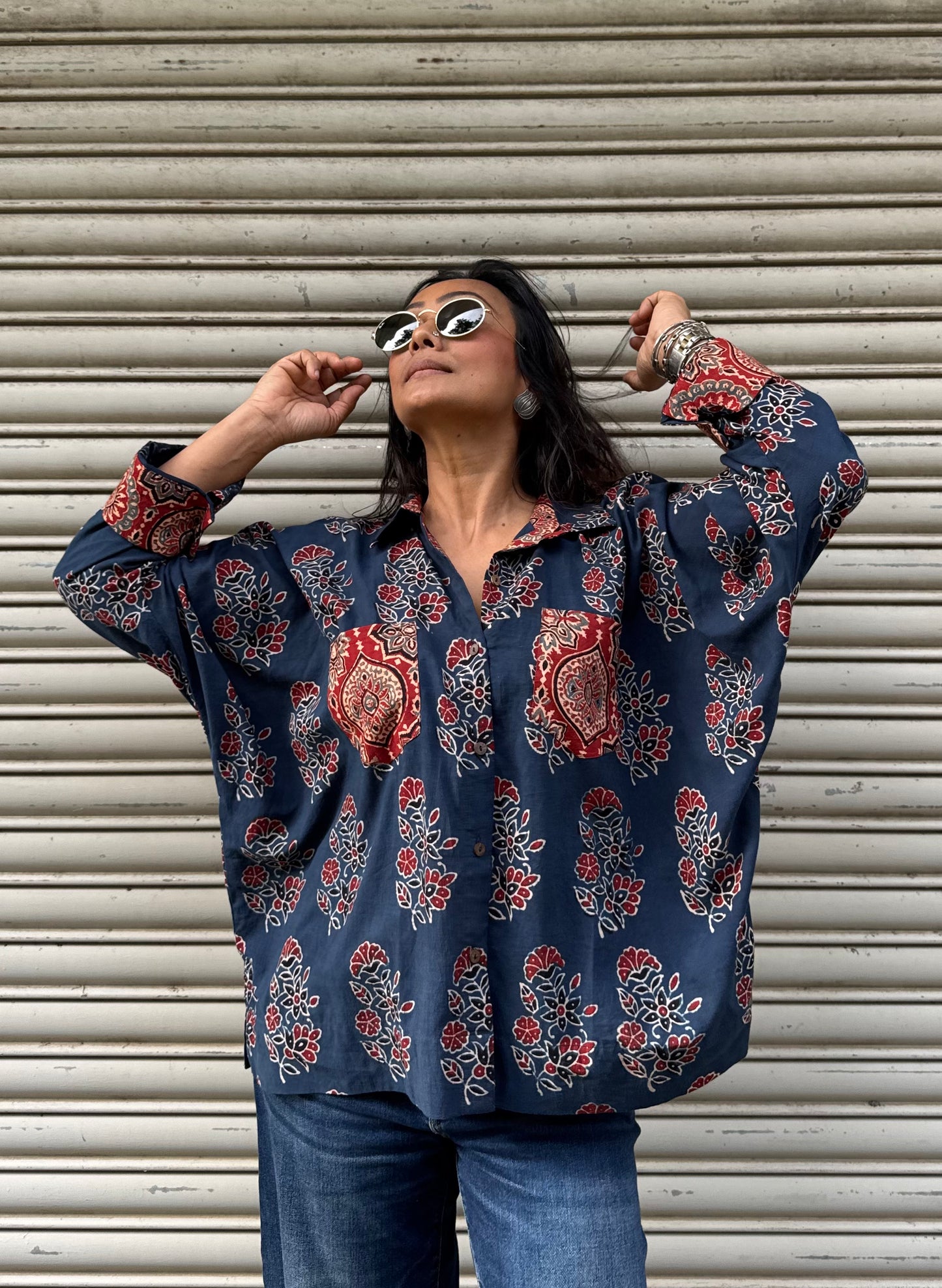 Steel Ajrakh Cotton Shirt