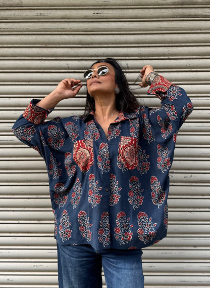 Steel Ajrakh Cotton Shirt