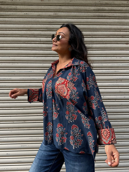 Steel Ajrakh Cotton Shirt