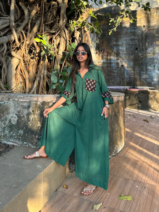 Bottle Green Shirt Jumpsuit
