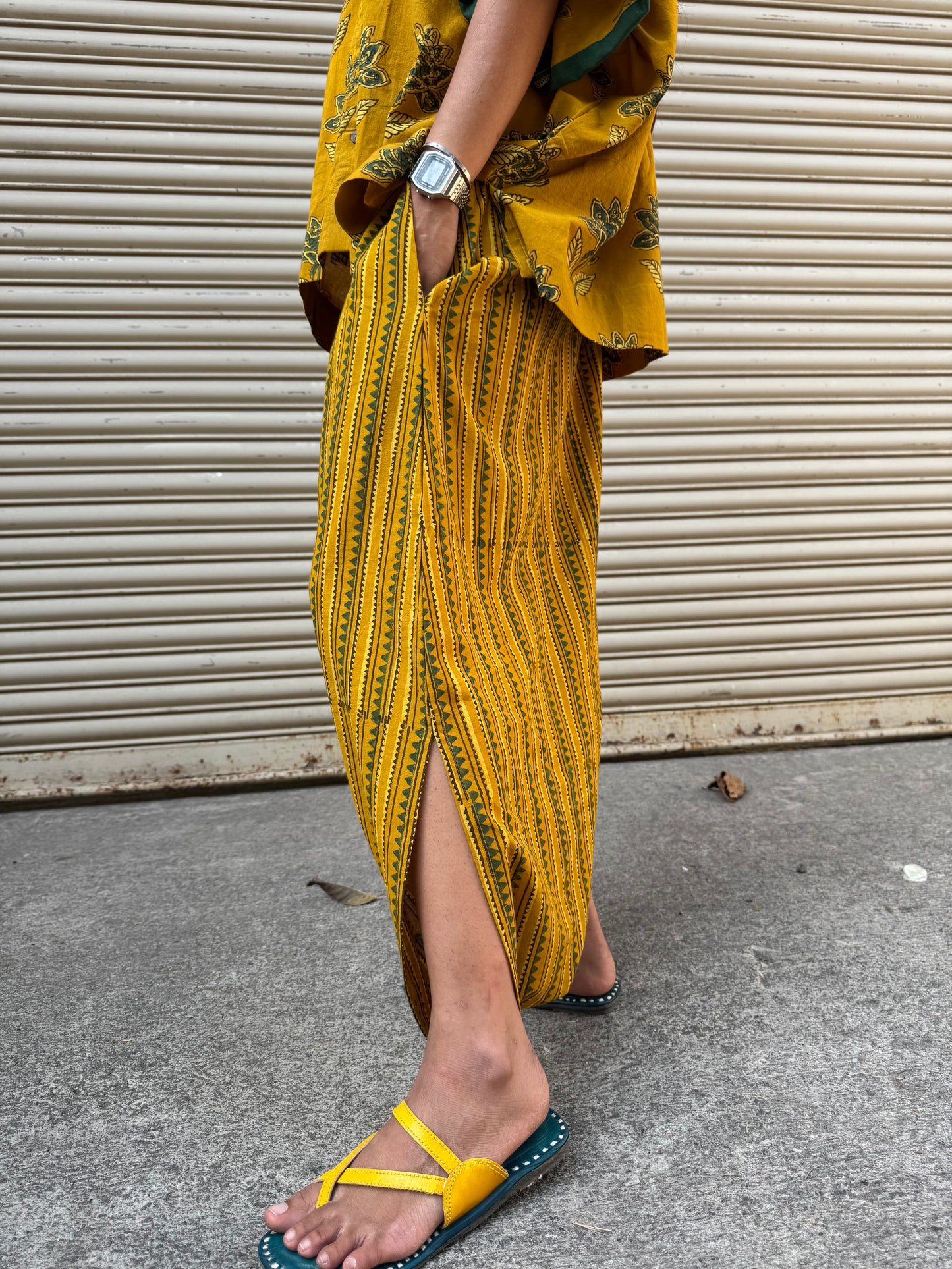 Turmeric Ajrakh Co-ord with Dhoti Skirt (PRE ORDER -45 DAYS)