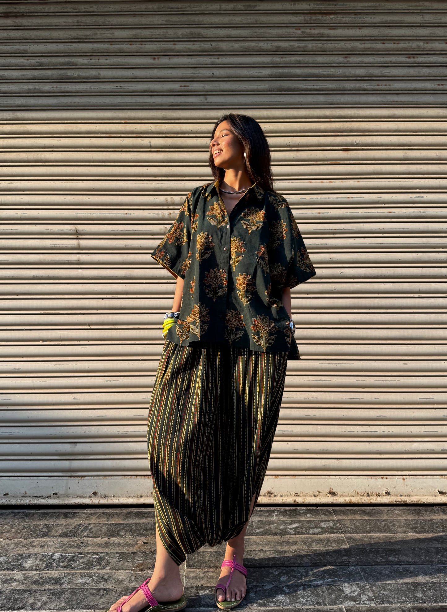 Mehendi Ajrakh Co-ord with Dhoti Skirt (PRE ORDER -45 DAYS)