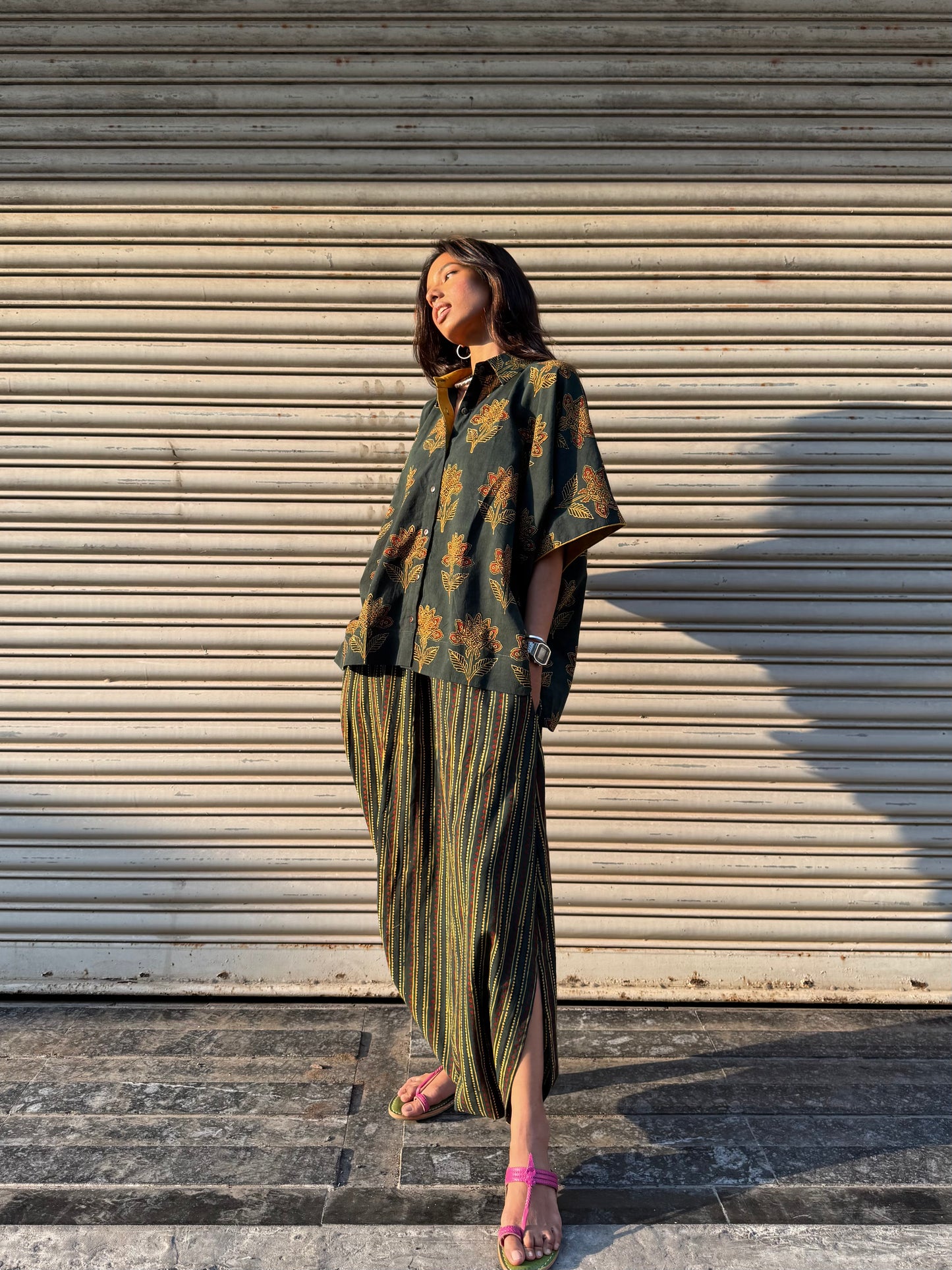 Mehendi Ajrakh Co-ord with Dhoti Skirt (PRE ORDER -45 DAYS)