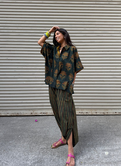 Mehendi Ajrakh Co-ord with Dhoti Skirt (PRE ORDER -45 DAYS)
