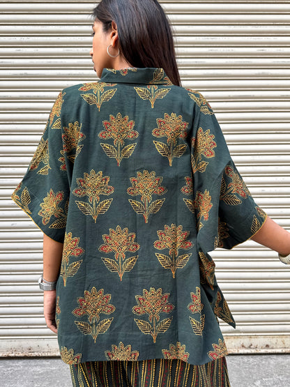 Mehendi Ajrakh Co-ord with Dhoti Skirt (PRE ORDER -45 DAYS)