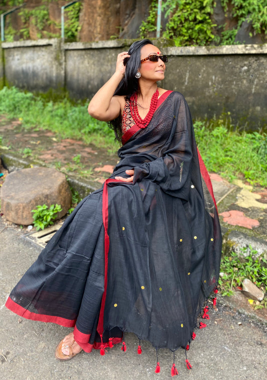 Black Tikli Mul Cotton Saree