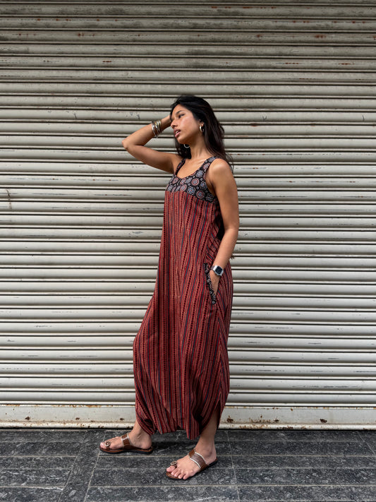 Brick Striped Ajrakh Dhoti Jumpsuit
