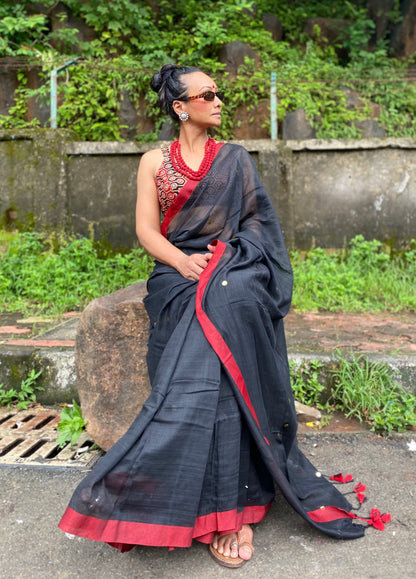 Black Tikli Mul Cotton Saree