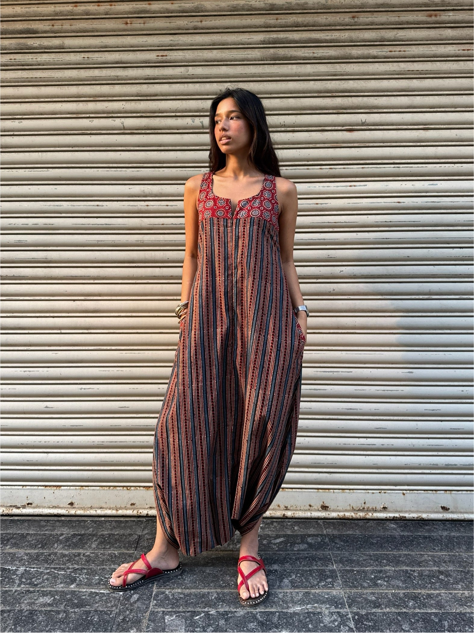 Kohl Striped Ajrakh Dhoti Jumpsuit