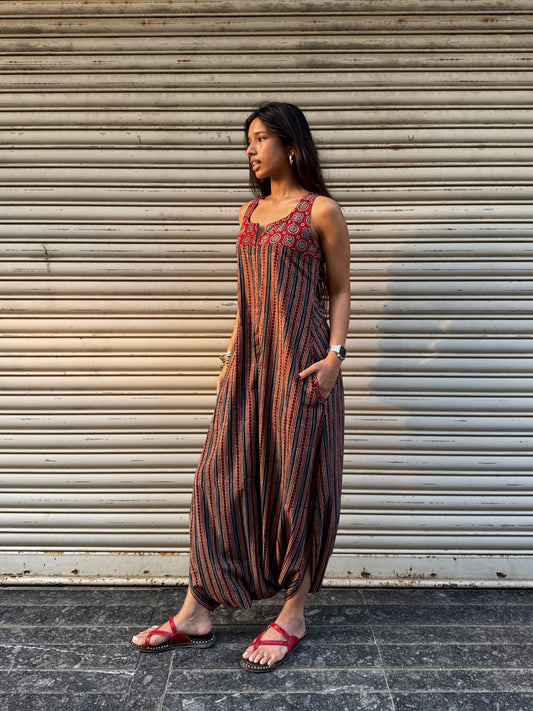 Kohl Striped Ajrakh Dhoti Jumpsuit
