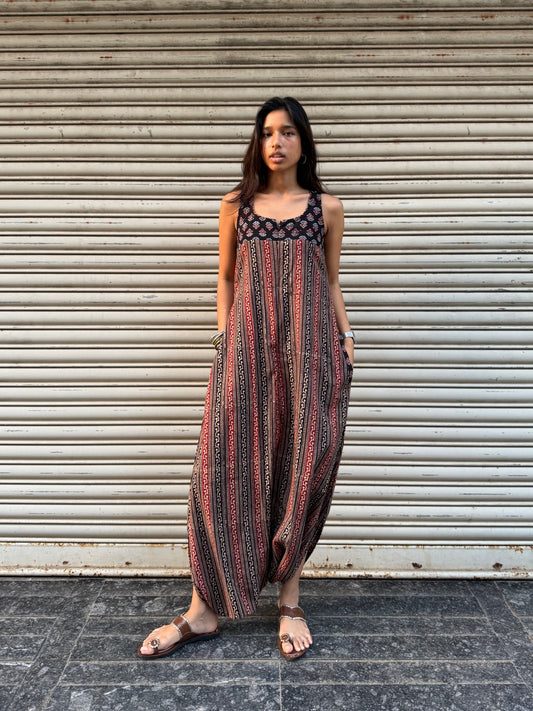 Khaaki Striped Ajrakh Dhoti Jumpsuit