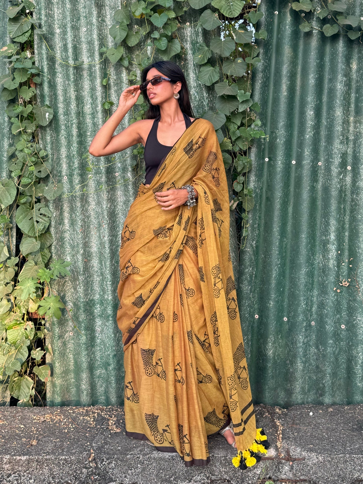 Mustard cycle saree