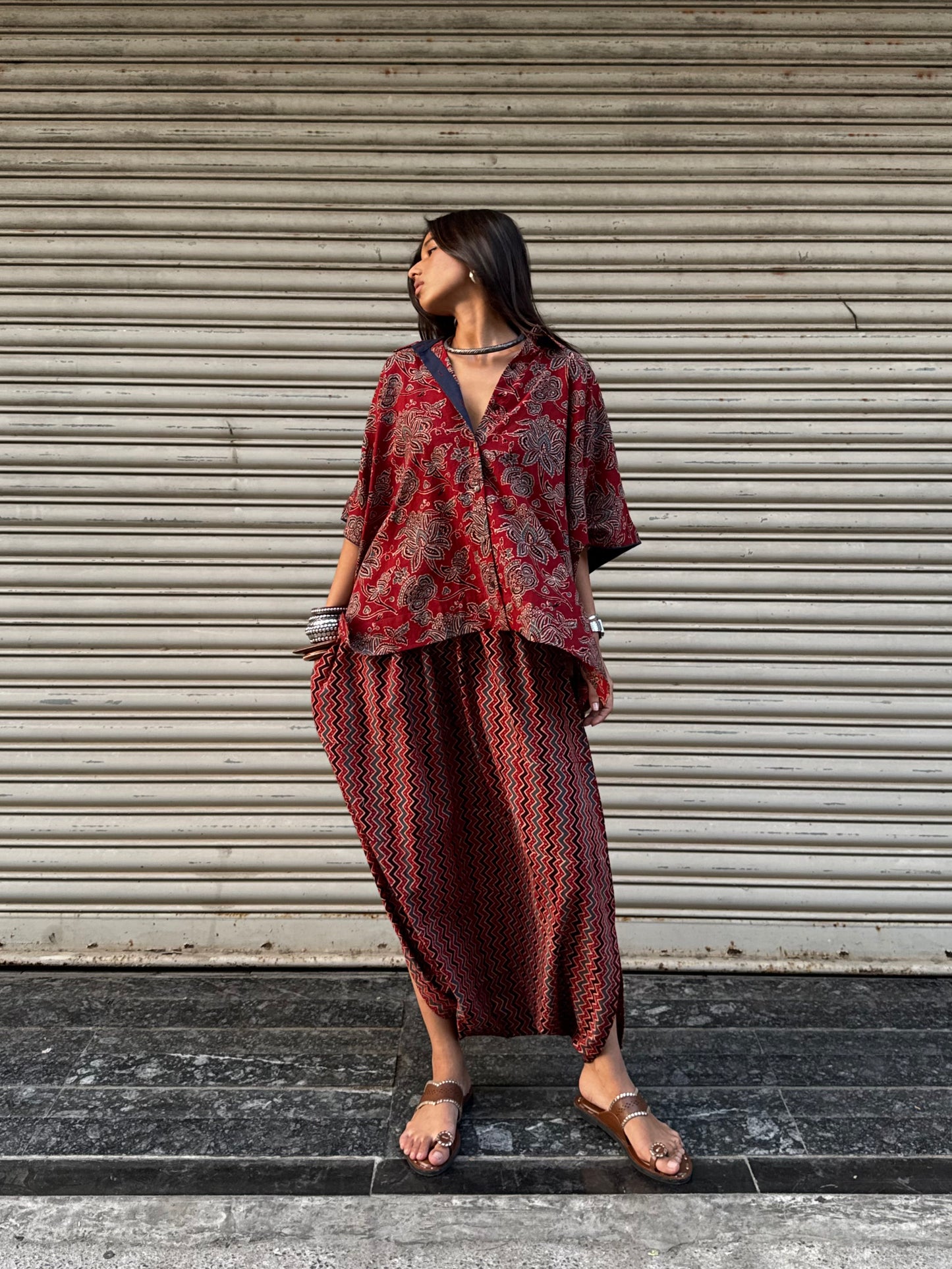 Geru Ajrakh Co-ord with Dhoti Skirt
