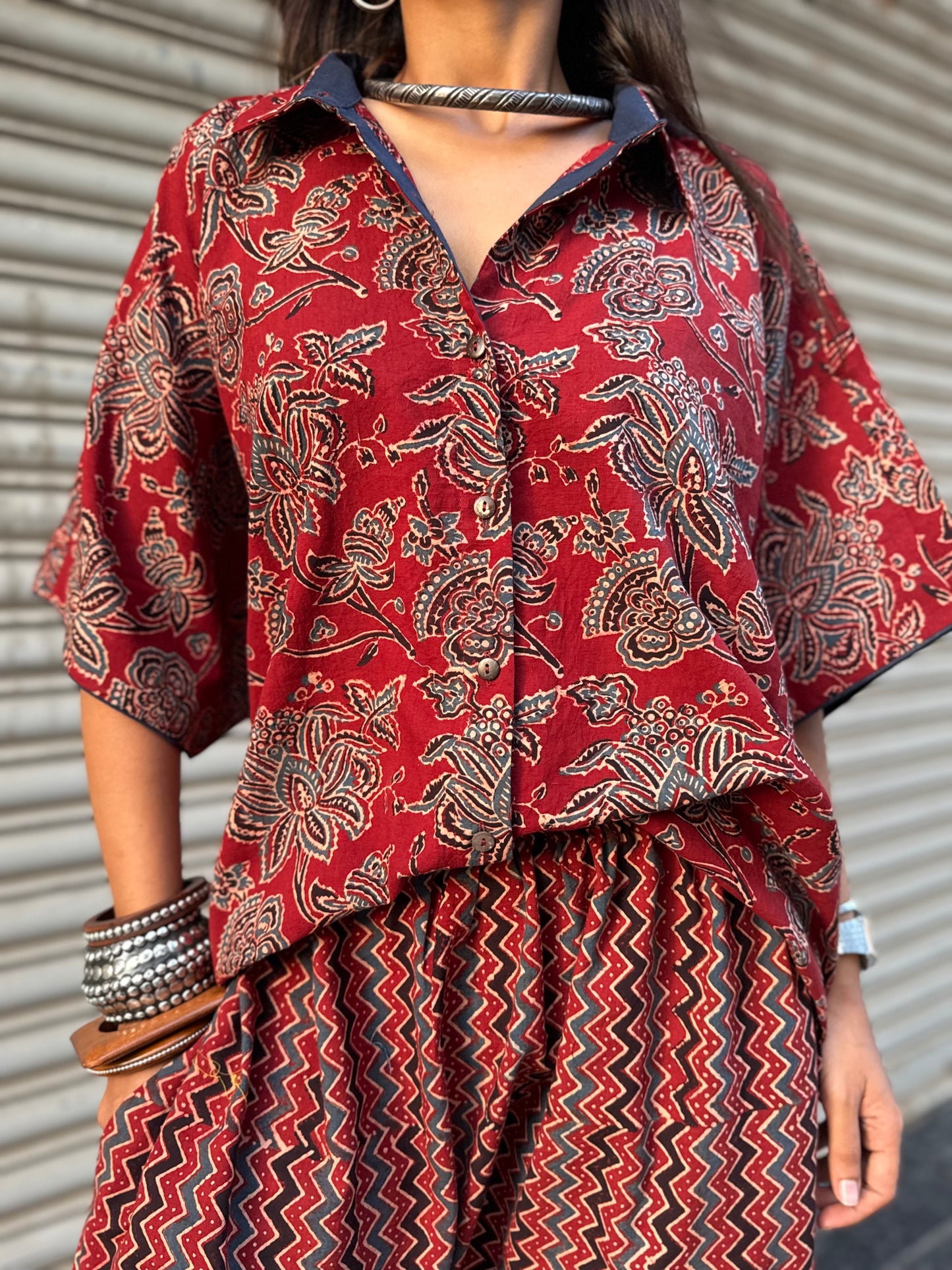 Geru Ajrakh Co-ord with Dhoti Skirt