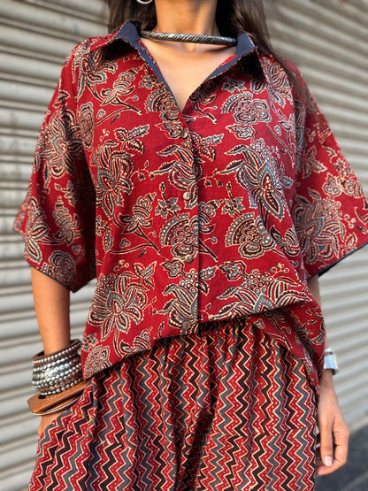 Geru Ajrakh Co-ord with Dhoti Skirt