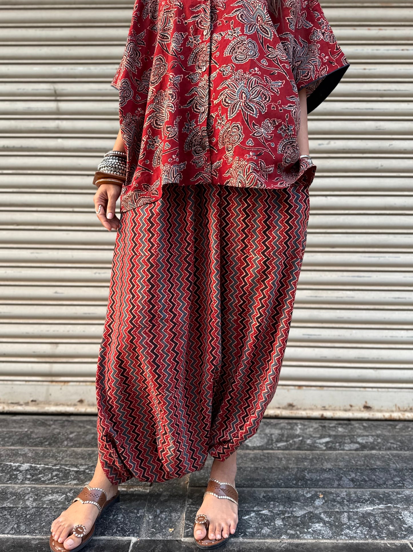 Geru Ajrakh Co-ord with Dhoti Skirt