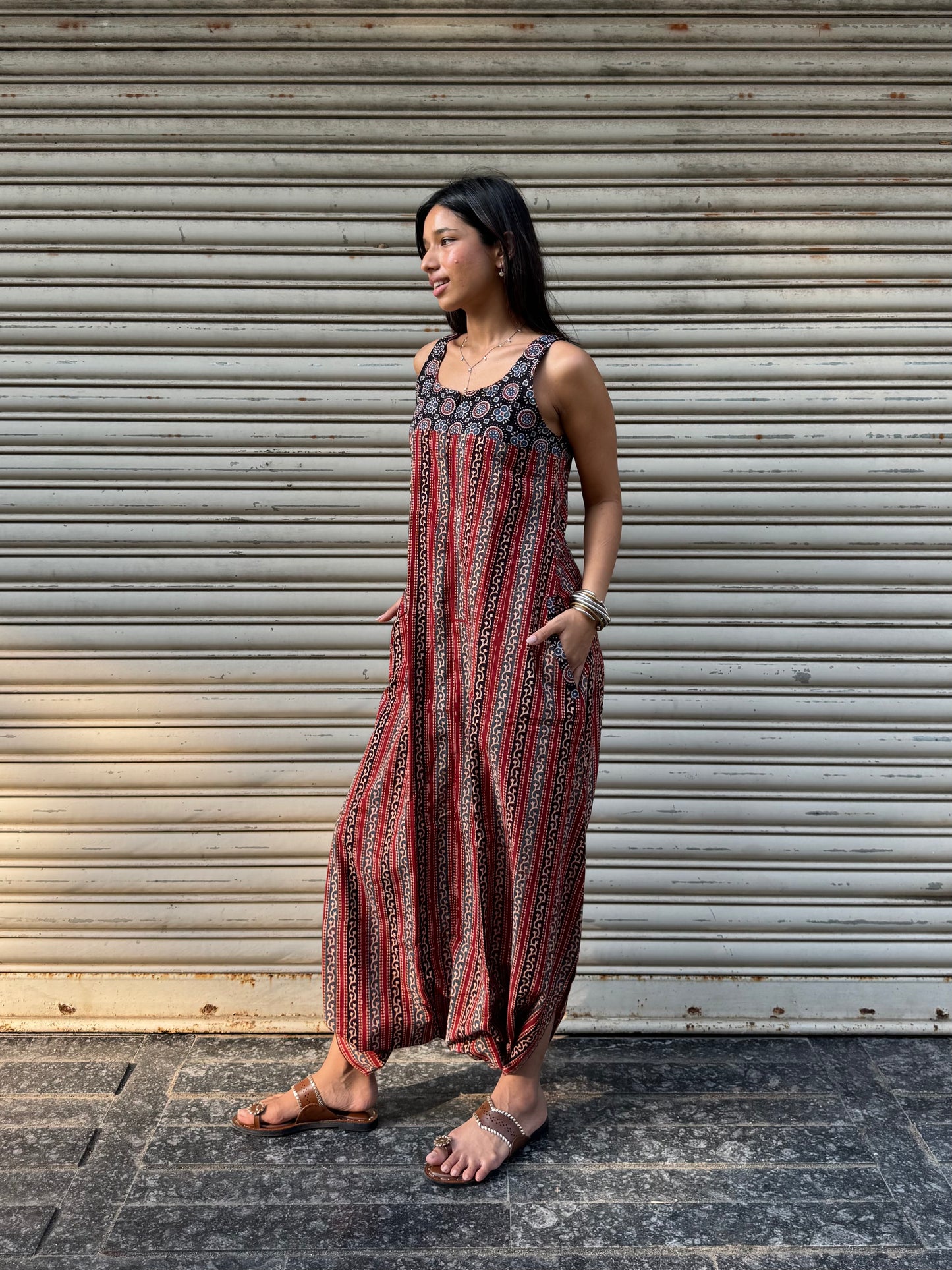Brick Striped Ajrakh Dhoti Jumpsuit