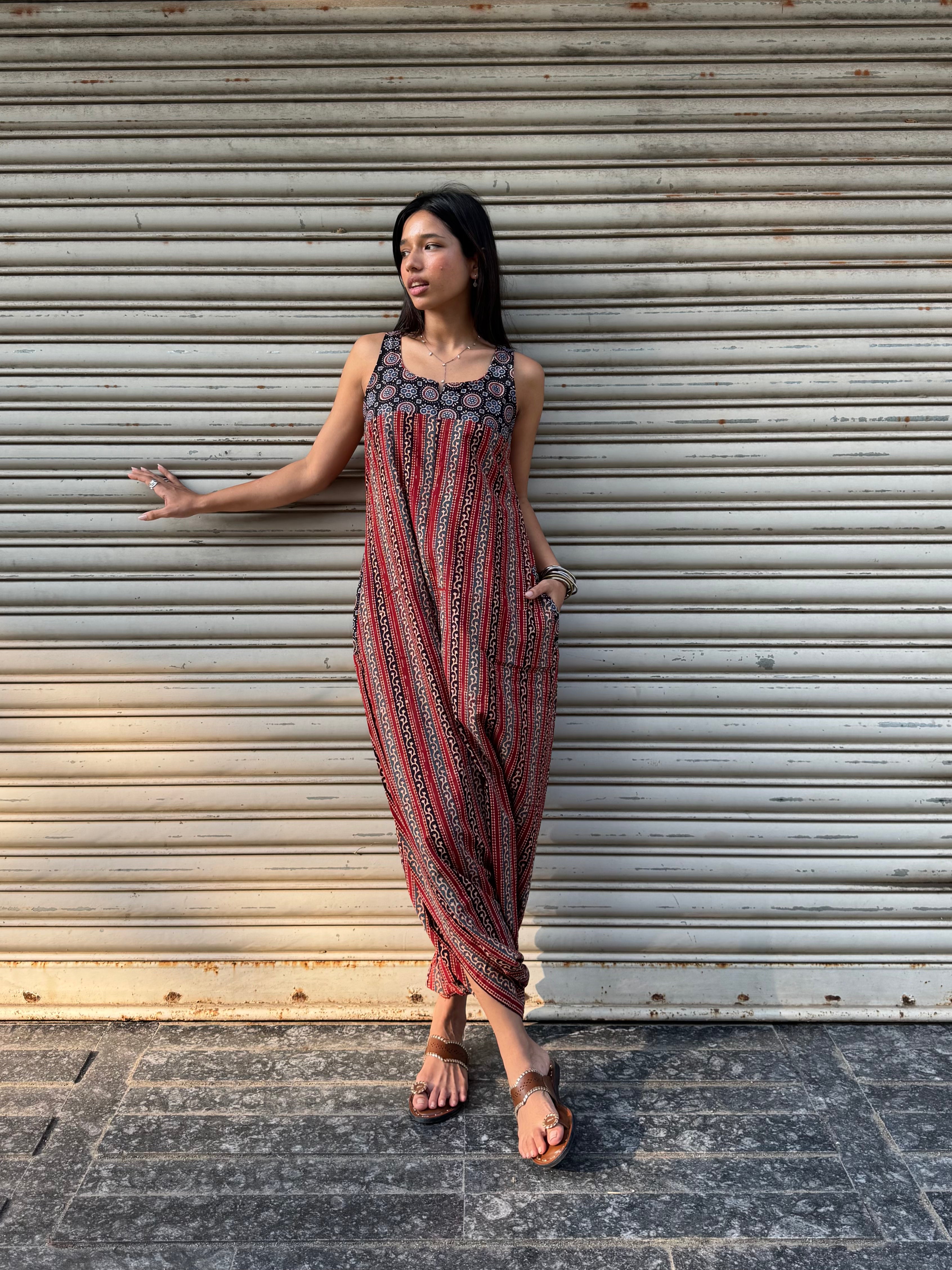 Brick Striped Ajrakh Dhoti Jumpsuit