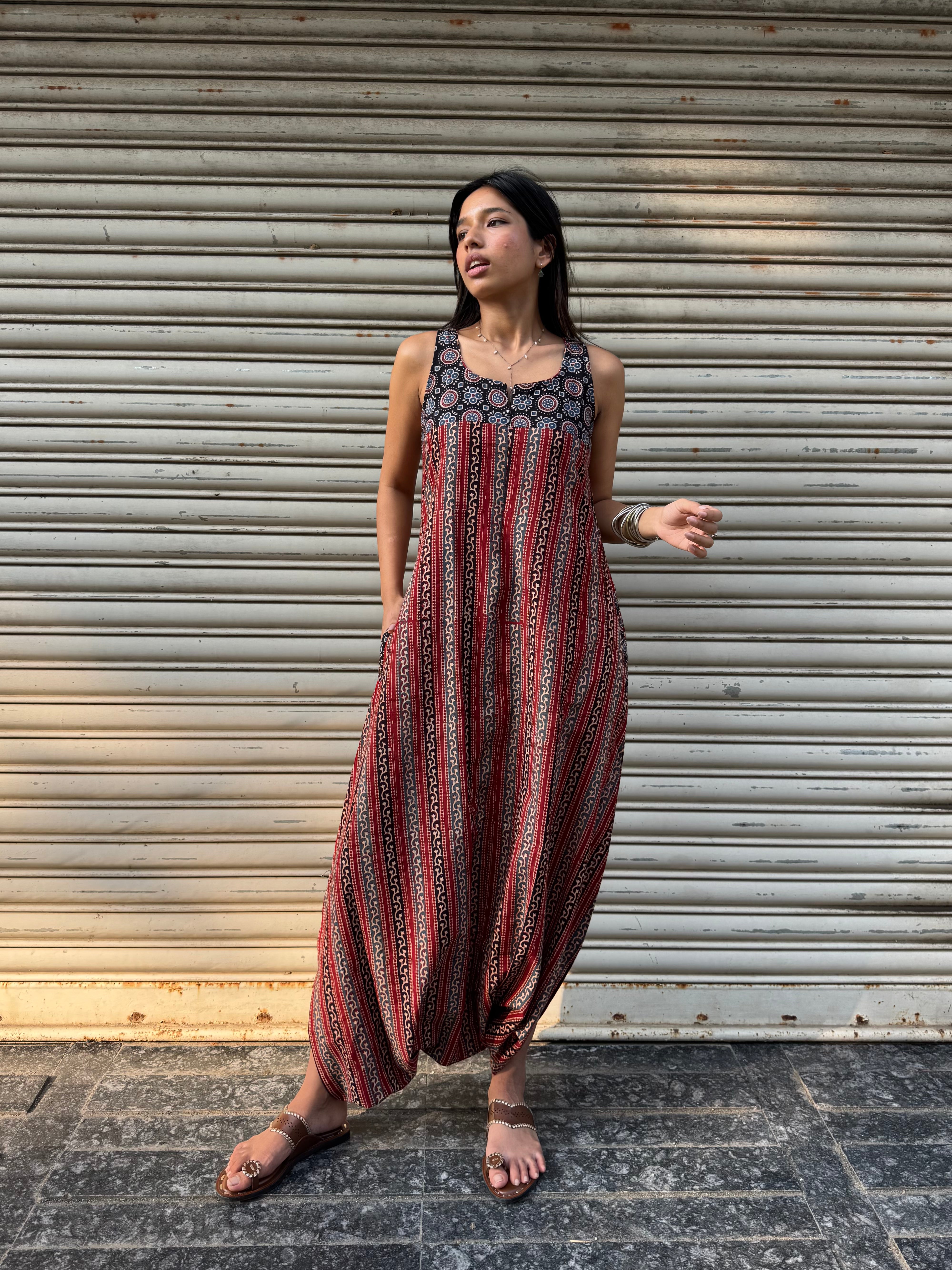Brick Striped Ajrakh Dhoti Jumpsuit