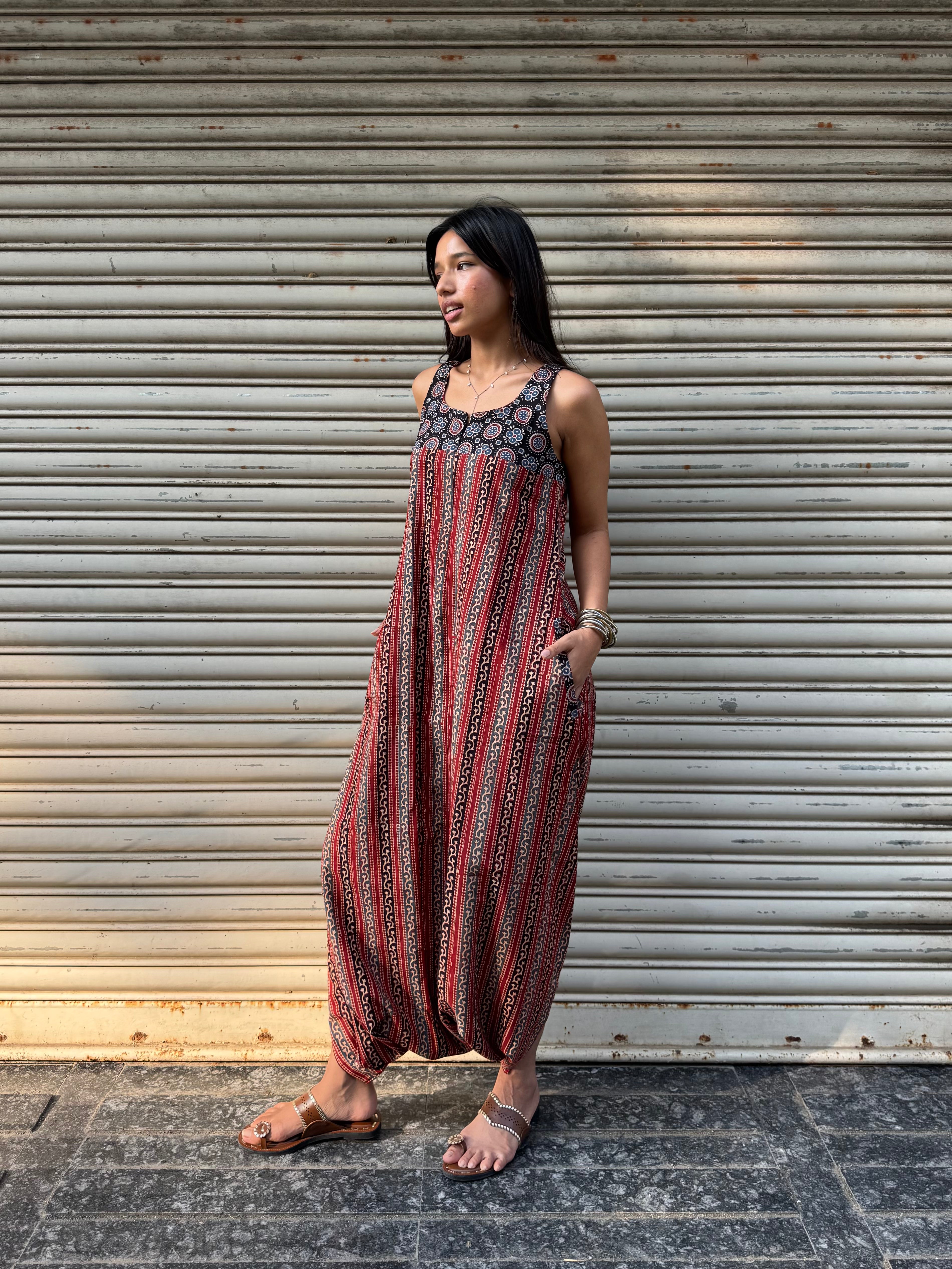 Brick Striped Ajrakh Dhoti Jumpsuit