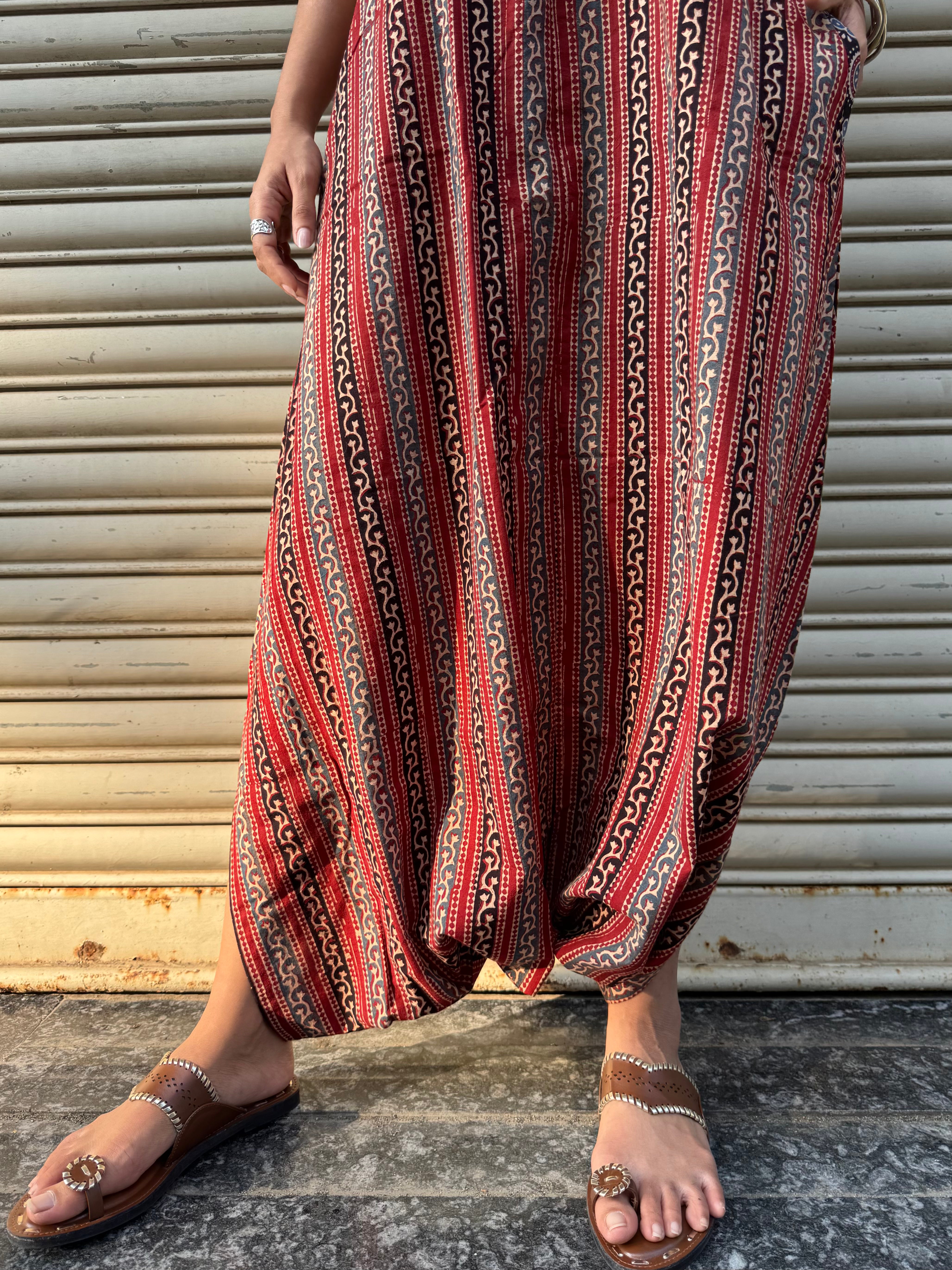 Brick Striped Ajrakh Dhoti Jumpsuit