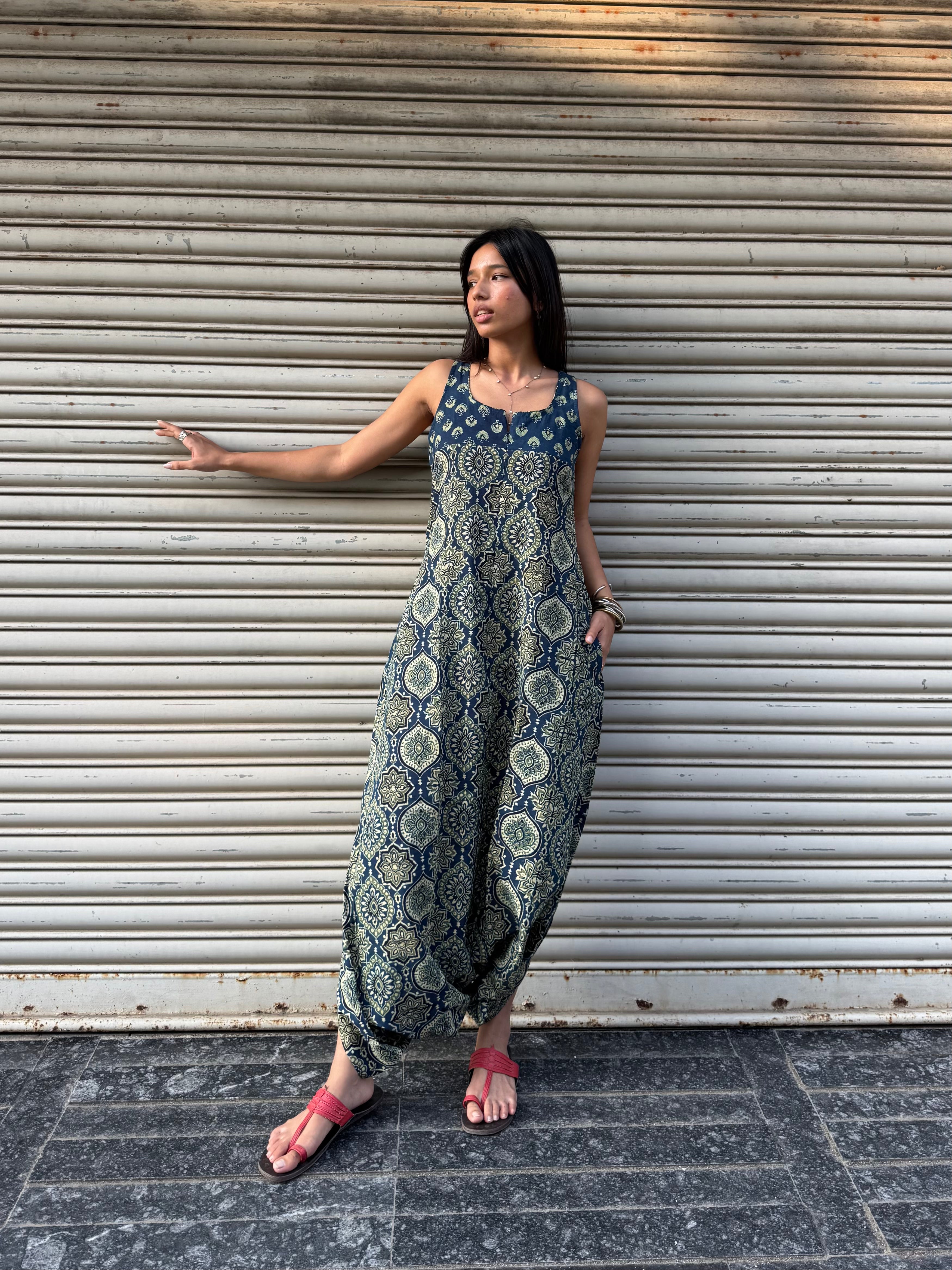 Aqua Ajrakh Dhoti Jumpsuit