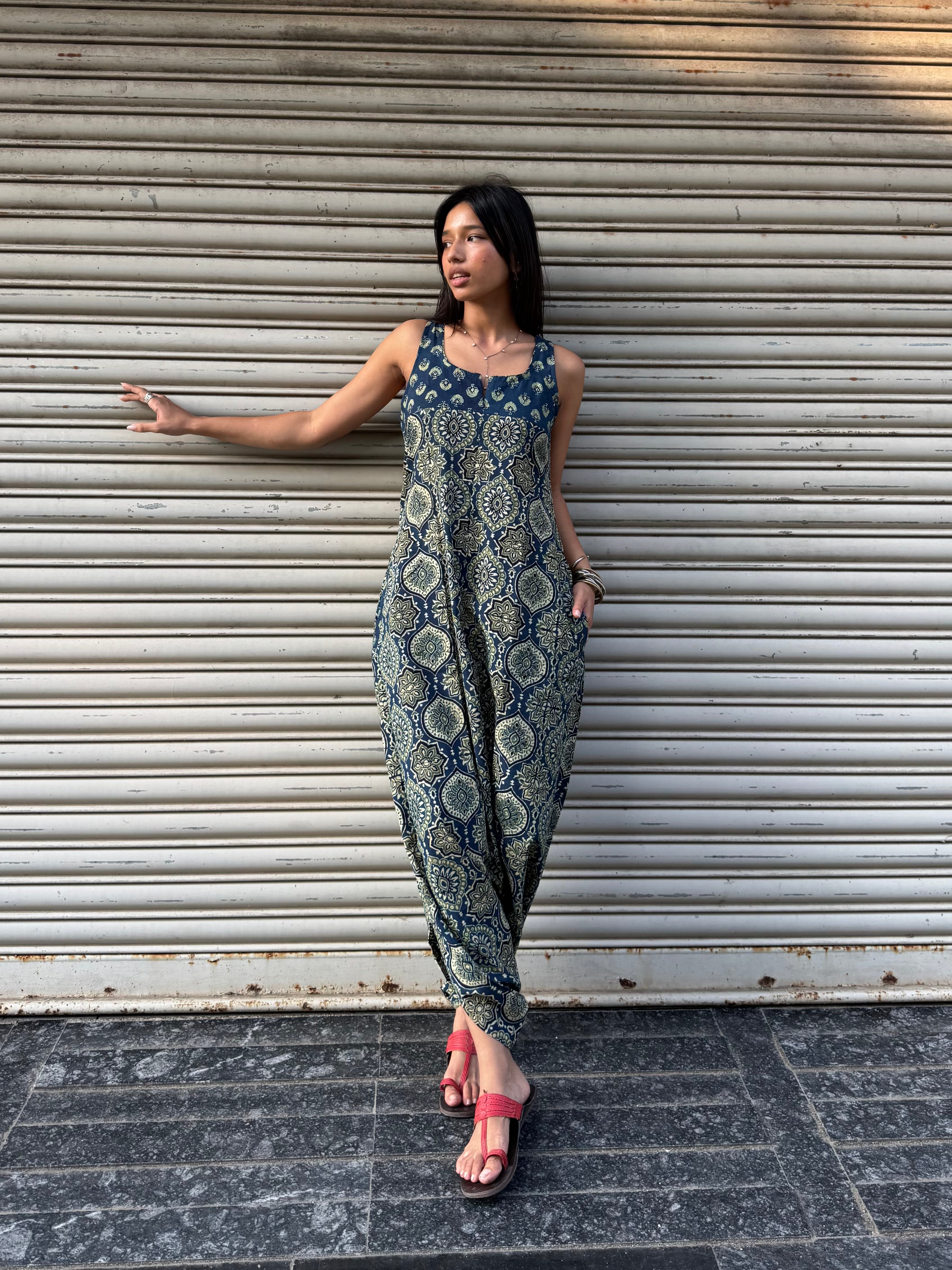 Aqua Ajrakh Dhoti Jumpsuit
