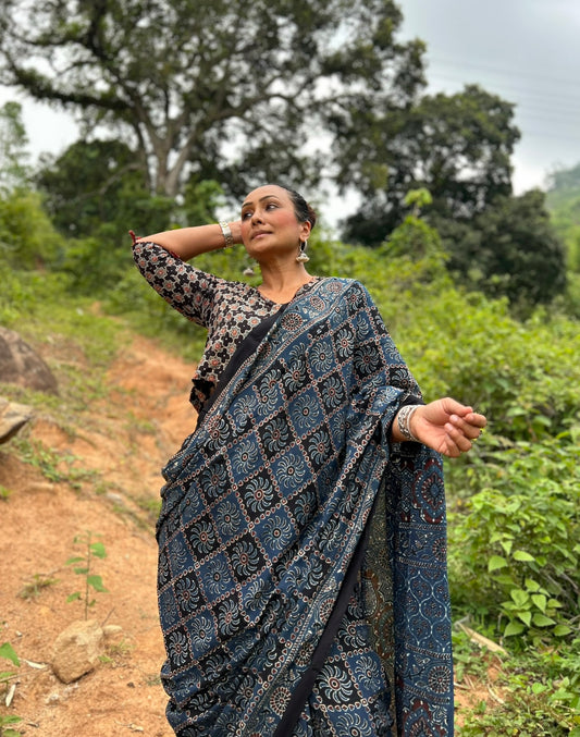 Indigo chakra Cotton Ajrakh saree