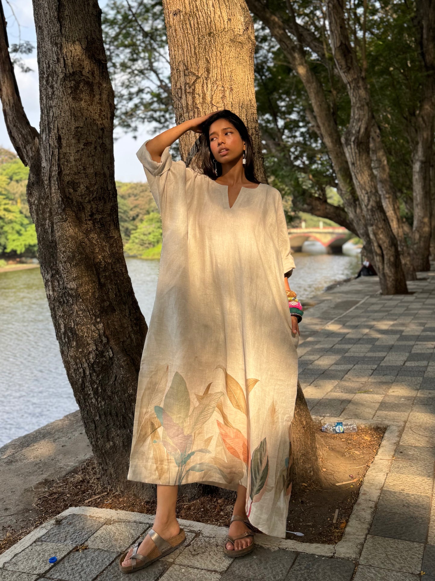 Sand linen kaftan dress
