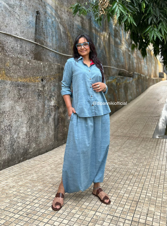 Denim blue Shirt dhoti co-ord