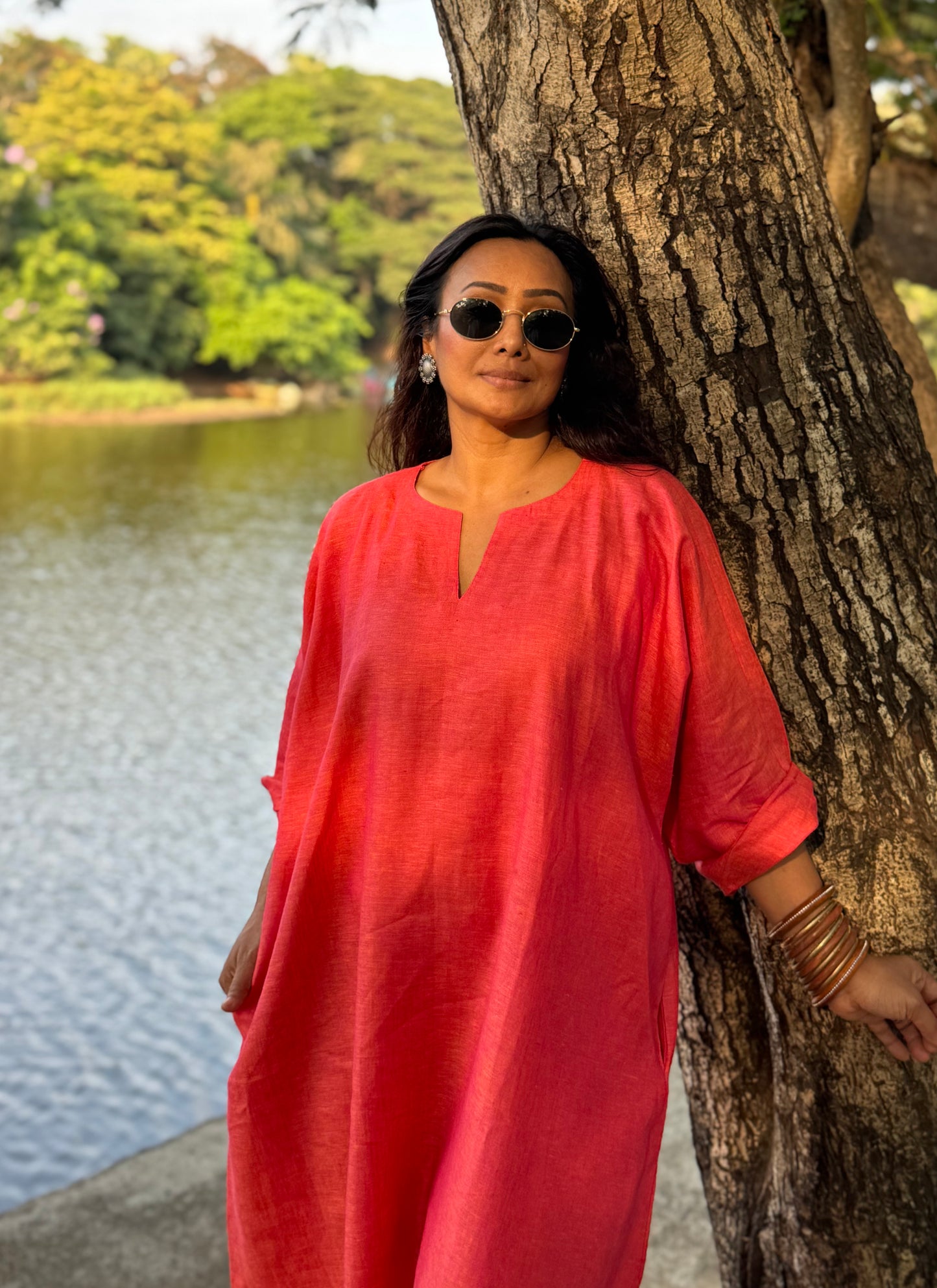 Peach linen kaftan dress