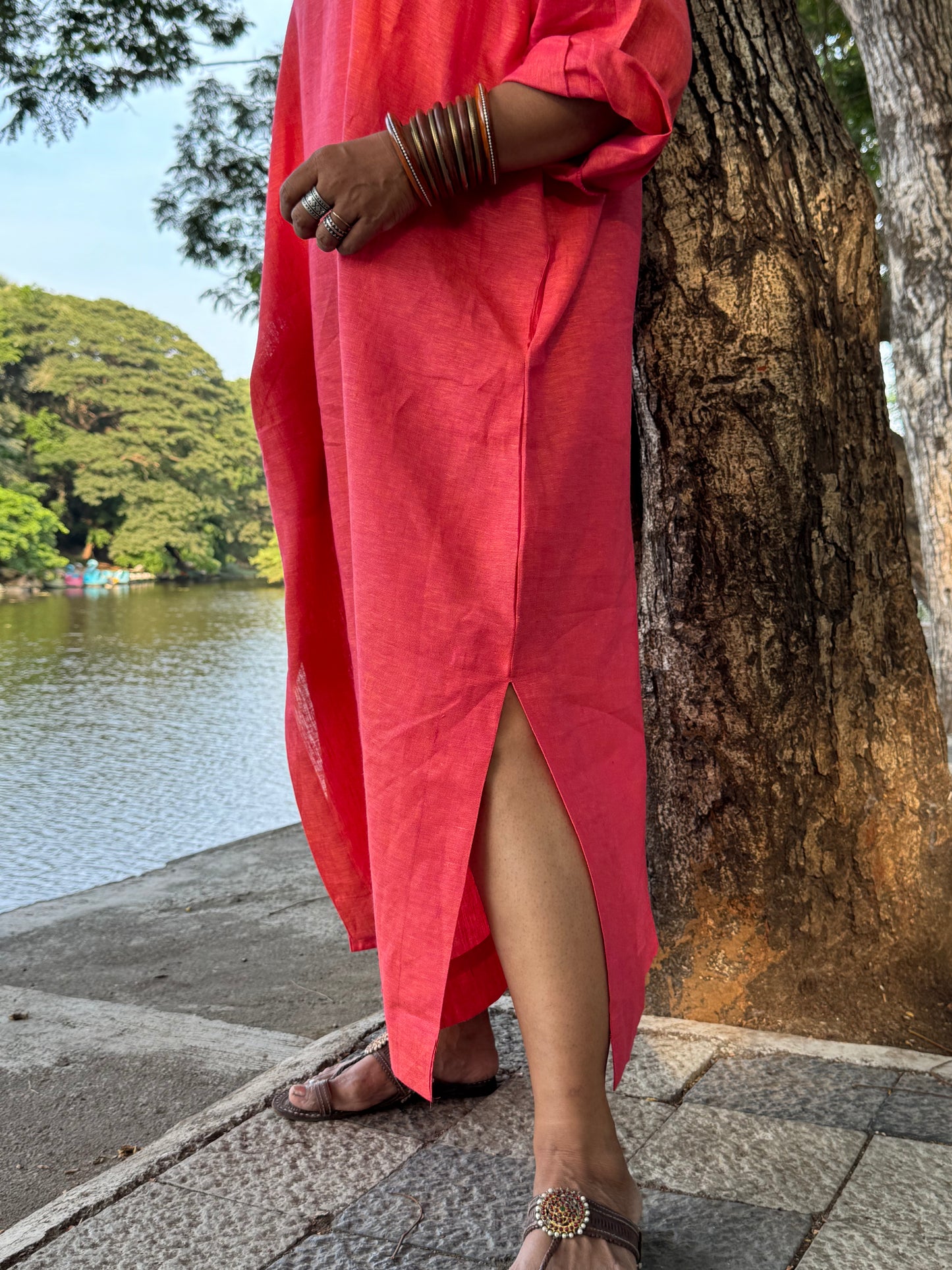 Peach linen kaftan dress