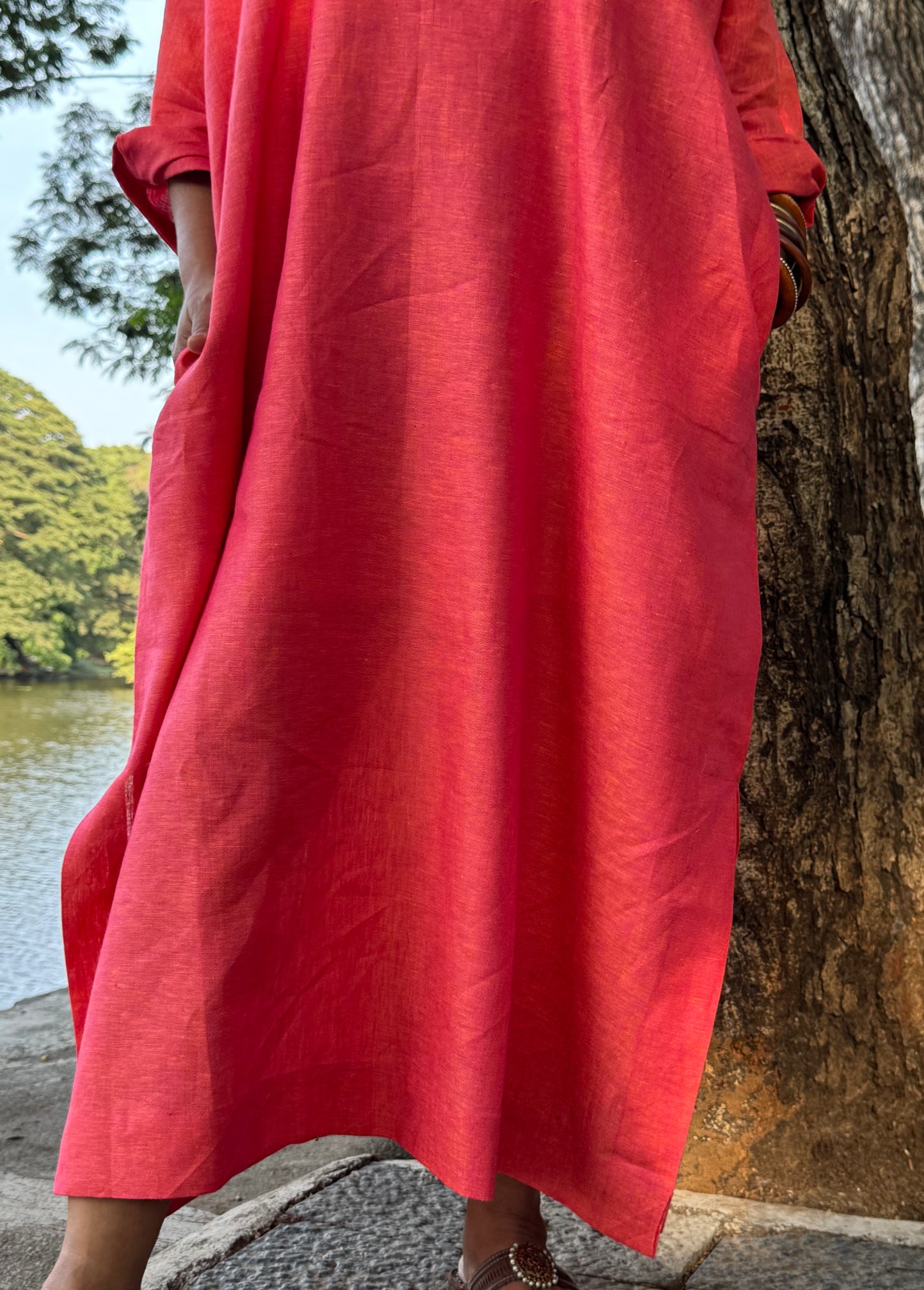 Peach linen kaftan dress