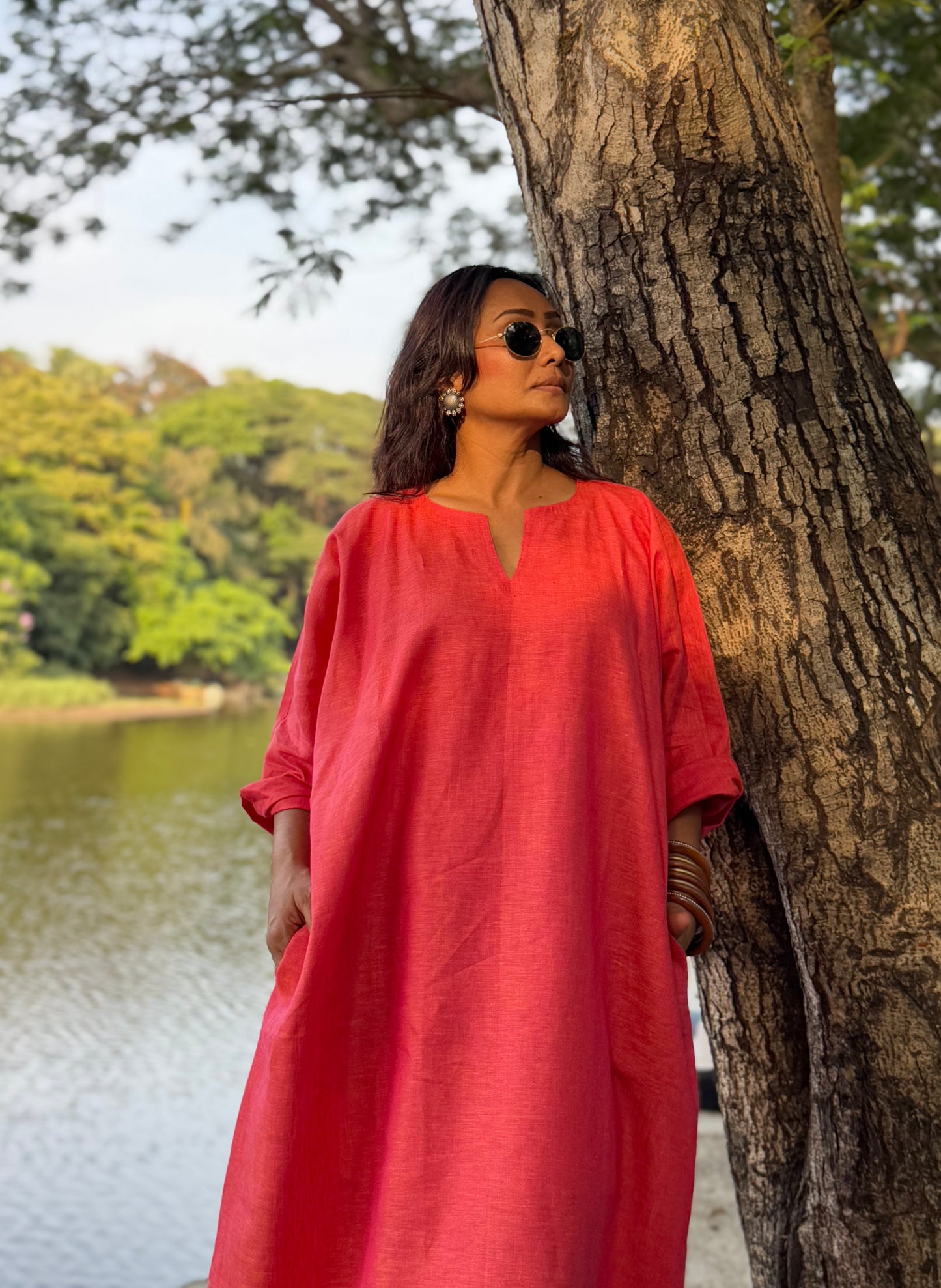 Peach linen kaftan dress