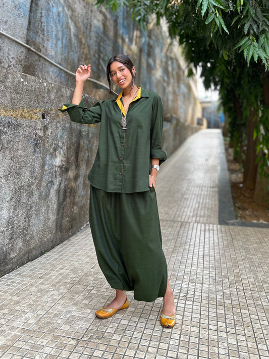 Bottle green Shirt dhoti co-ord