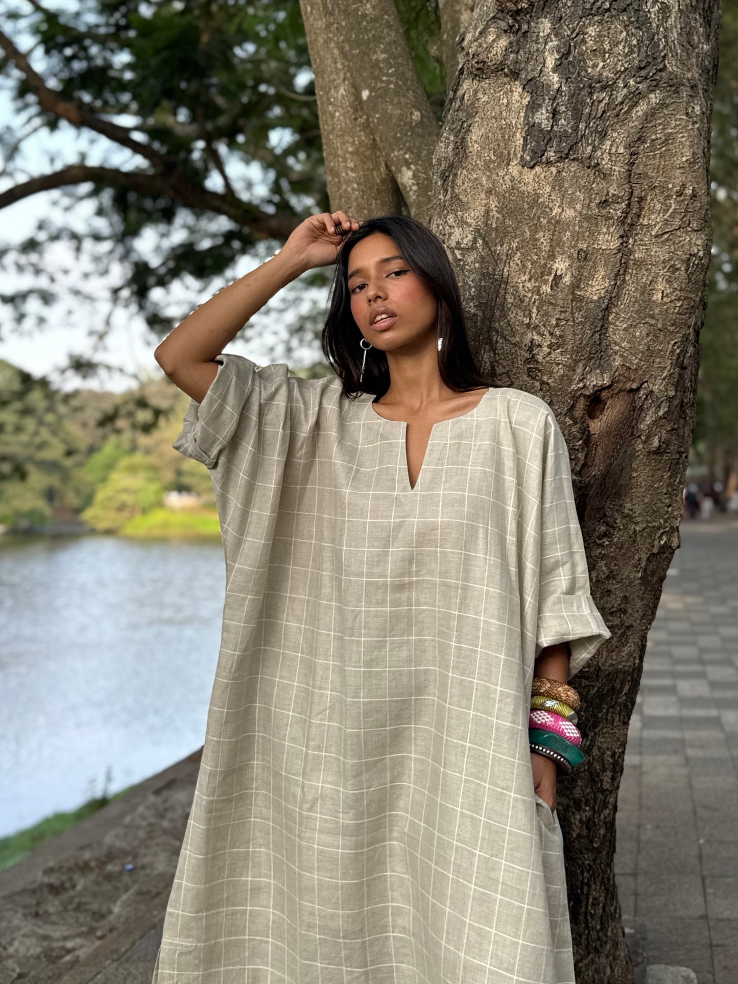 Grid linen kaftan dress