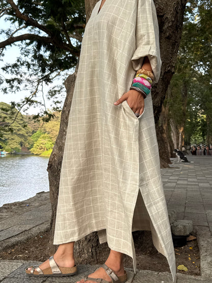 Grid linen kaftan dress