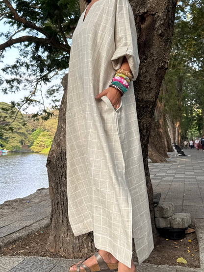 Grid linen kaftan dress