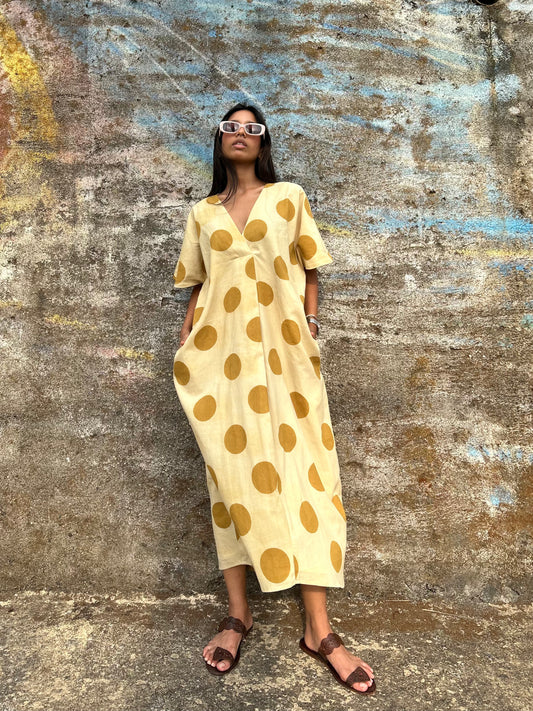 Cream Polka pleat dress