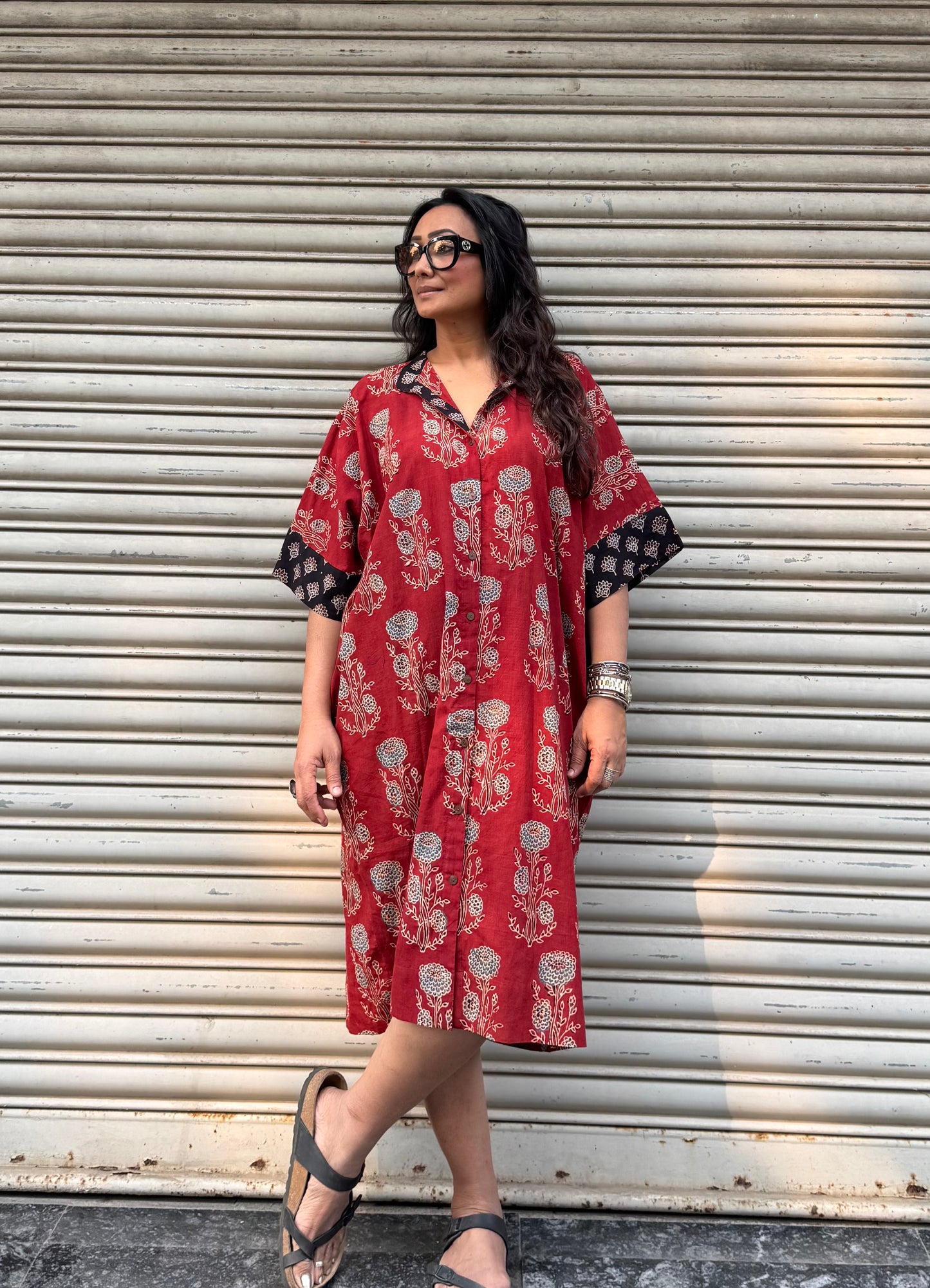Brick Ajrakh Cotton Kaftan Dress