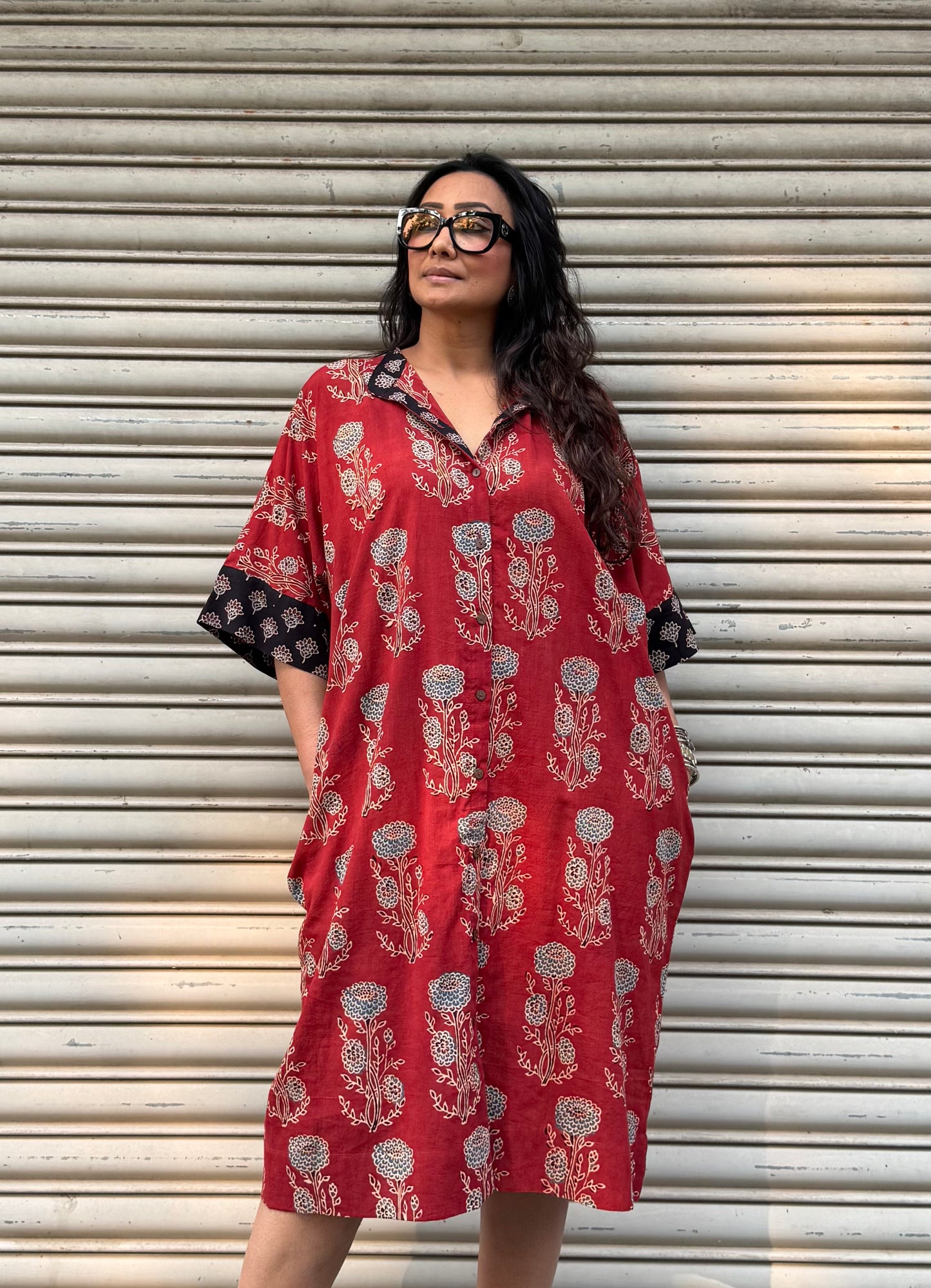 Brick Ajrakh Cotton Kaftan Dress