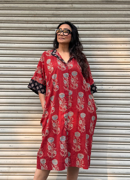 Brick Ajrakh Cotton Kaftan Dress
