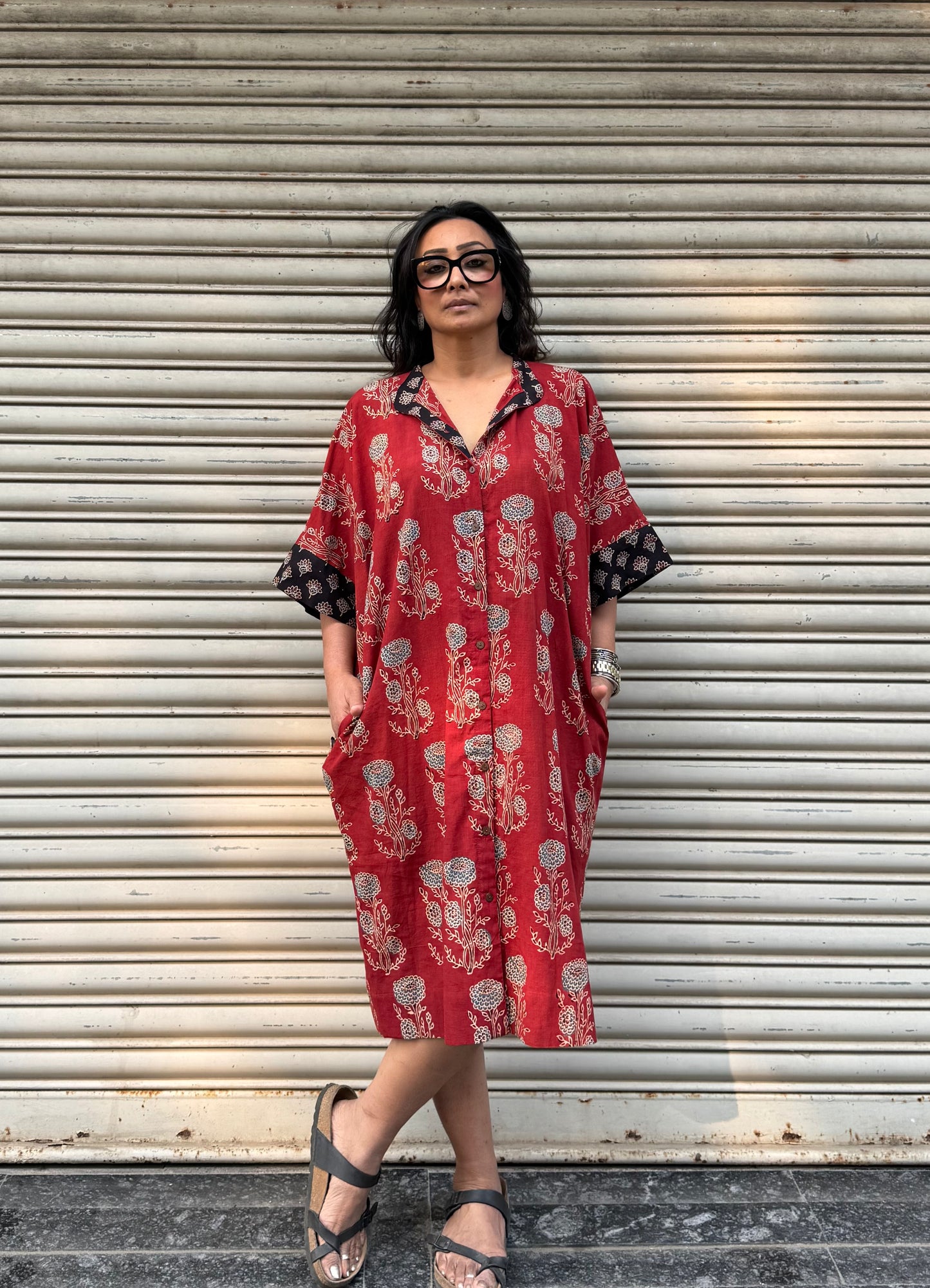 Brick Ajrakh Cotton Kaftan Dress