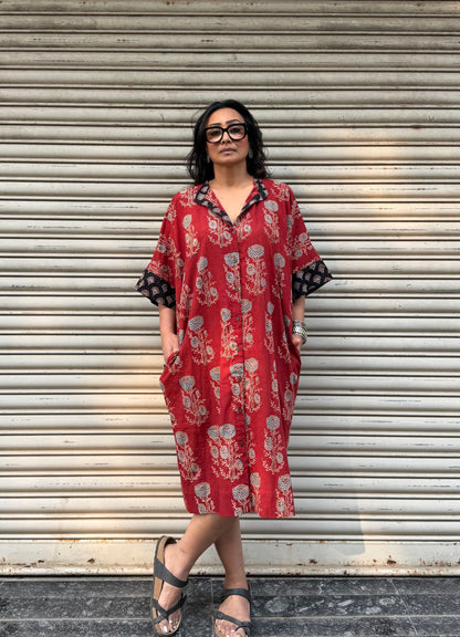 Brick Ajrakh Cotton Kaftan Dress